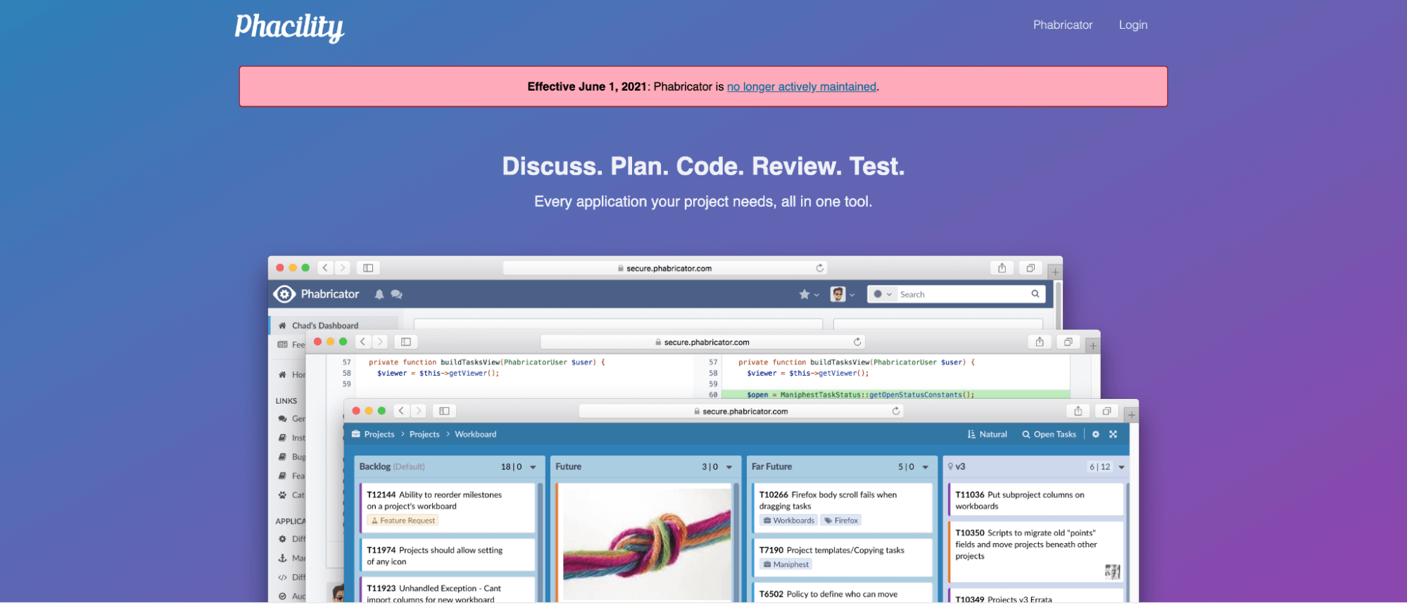 Phabricator landing page screenshot with copy "Discuss. Plan. Code. Review. Test."