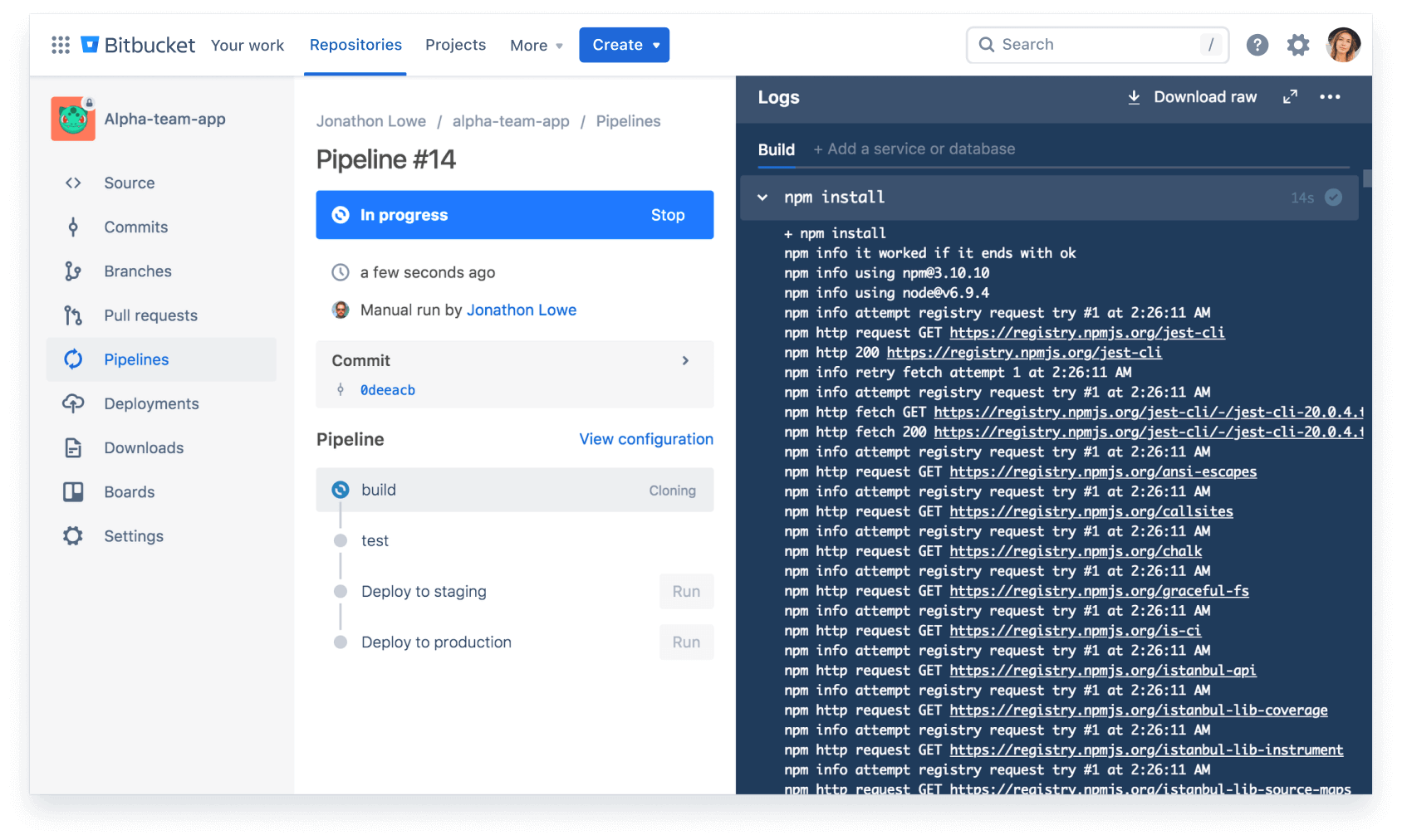 Bitbucket product screenshot featuring the pipelines dashboard showcasing logs in progress