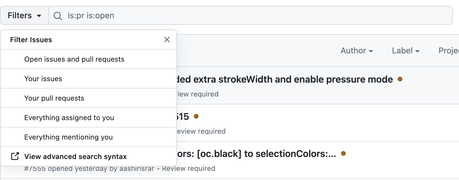 filter search tab showing is:pr is:open and the filter issues drop-down