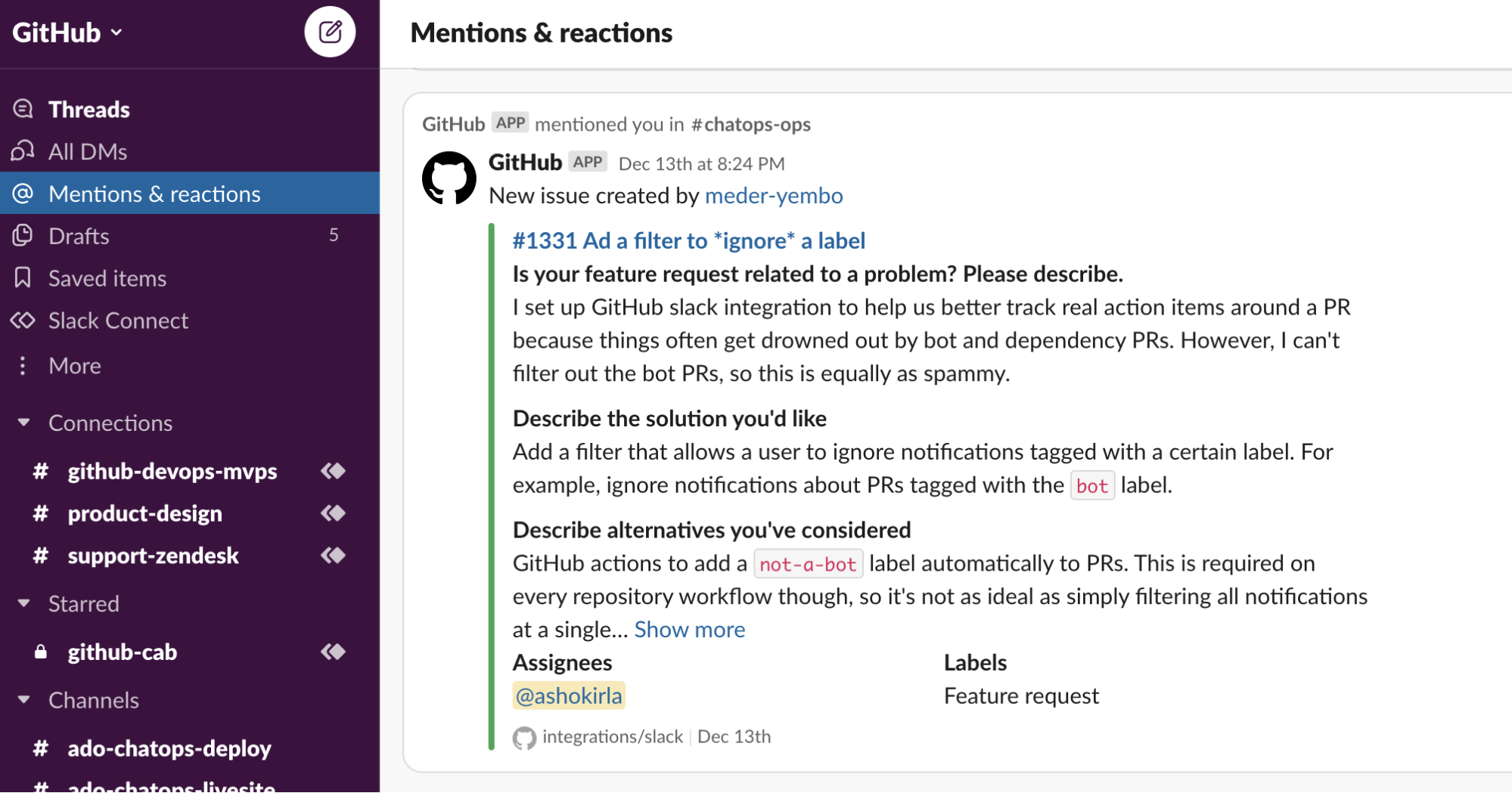 screenshot of mentions & reactions in a GitHub Slack integration reporting a new issue created by [user]