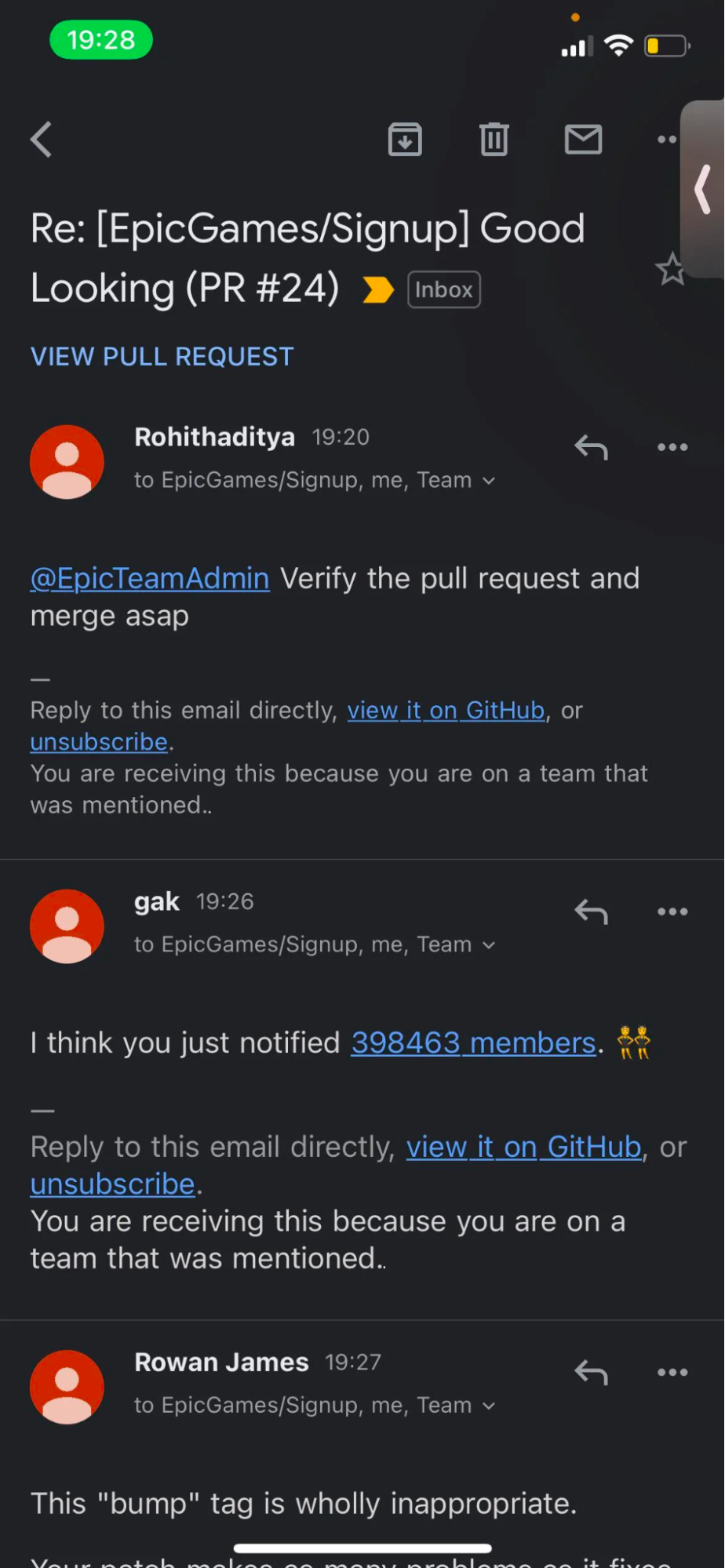 mobile shot of inbox feed with messages verifying pull request and merge with a response that gak notified 398,463 members