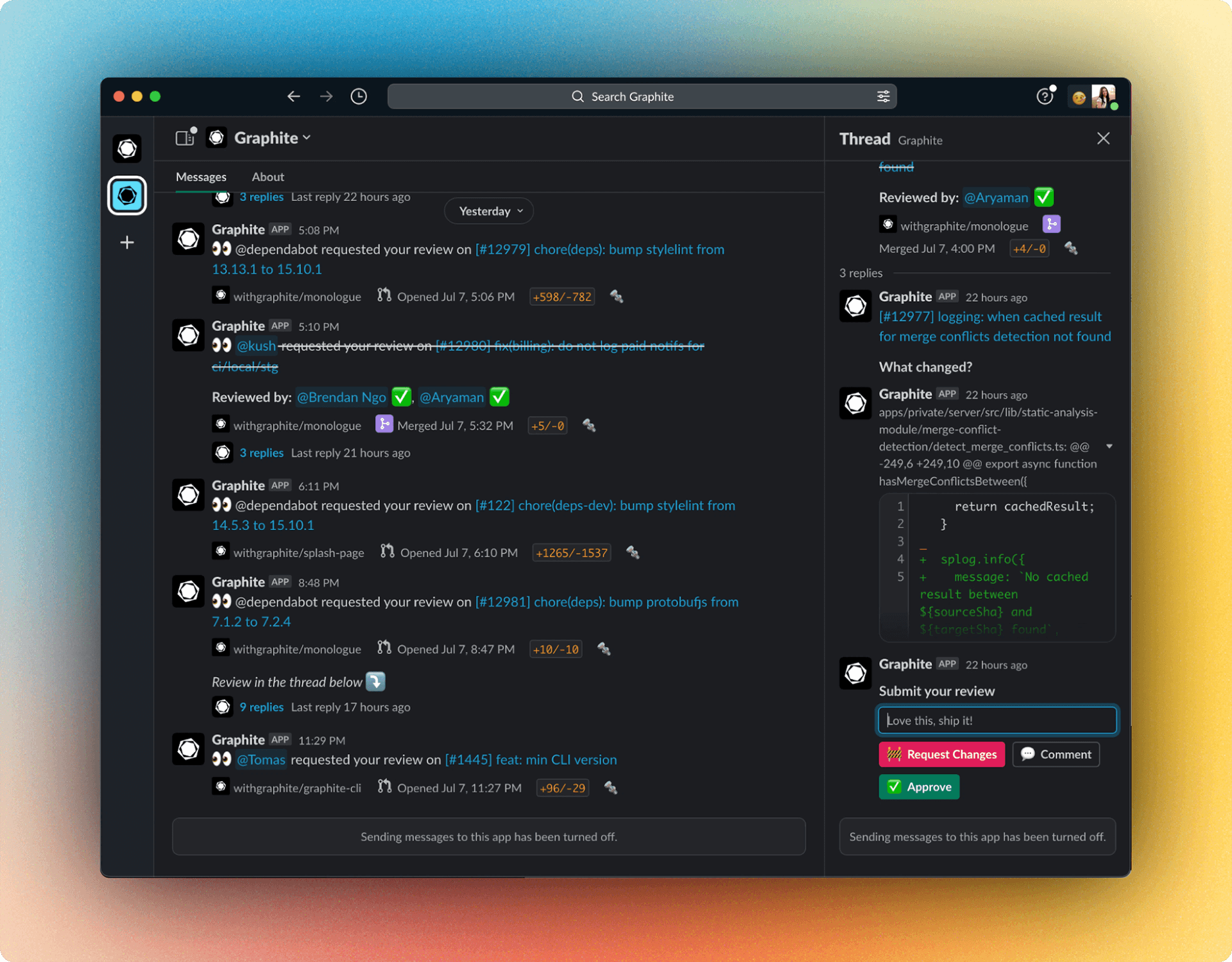 Graphite app screenshot showing the view from the Slack integration with a message view on the left and a thread view opened on the right.