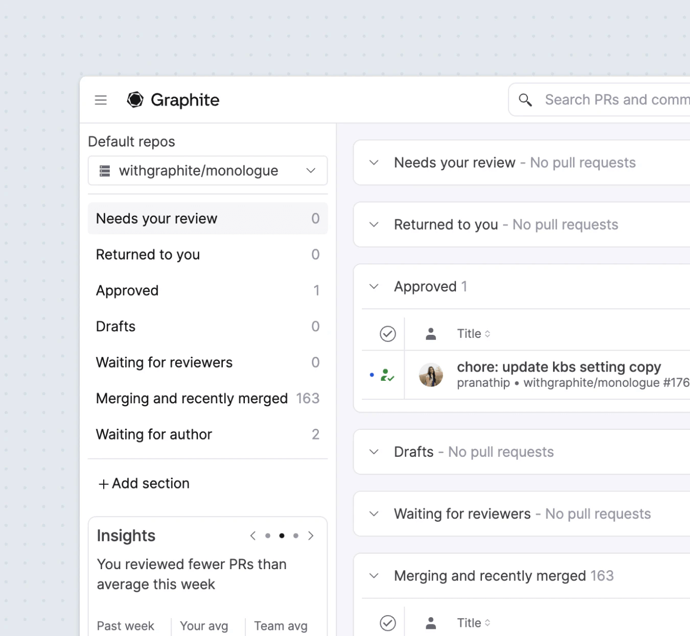 Screenshot of Graphite's pull request inbox