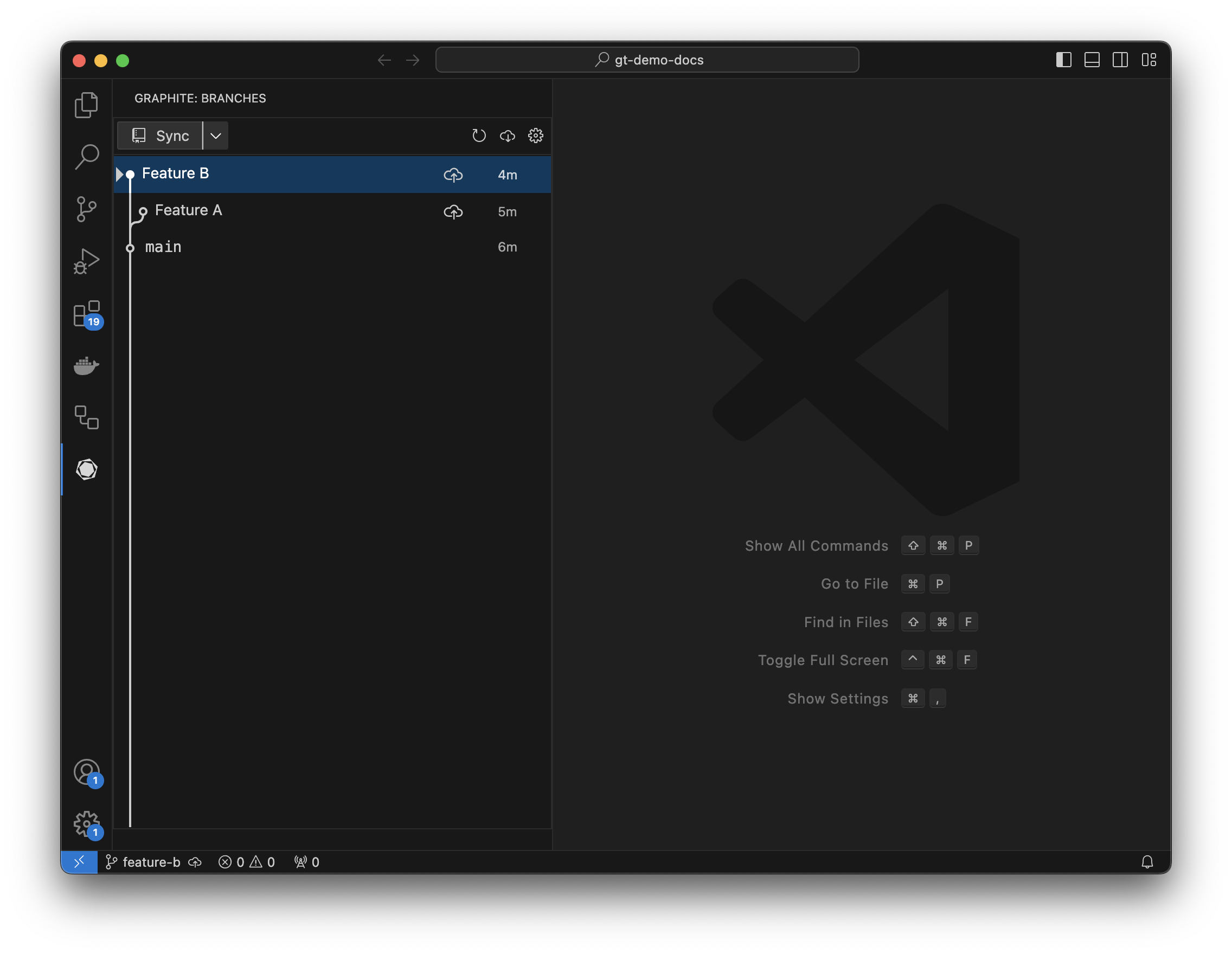The Graphite VS Code extension with two branches "Feature A" and "Feature B".