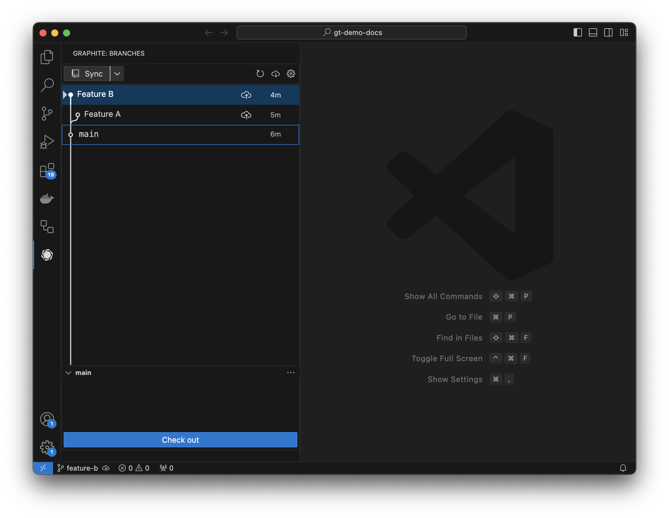 Checking out the main branch in the Graphite VS Code extension.