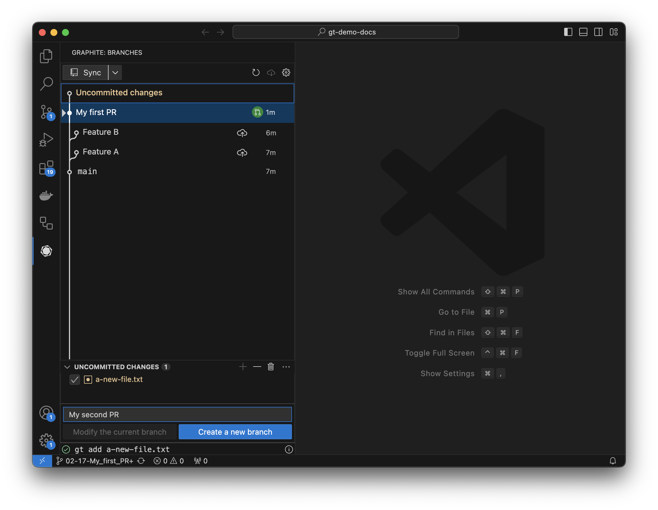 Create pull requests for a stack with the Graphite VS Code extension