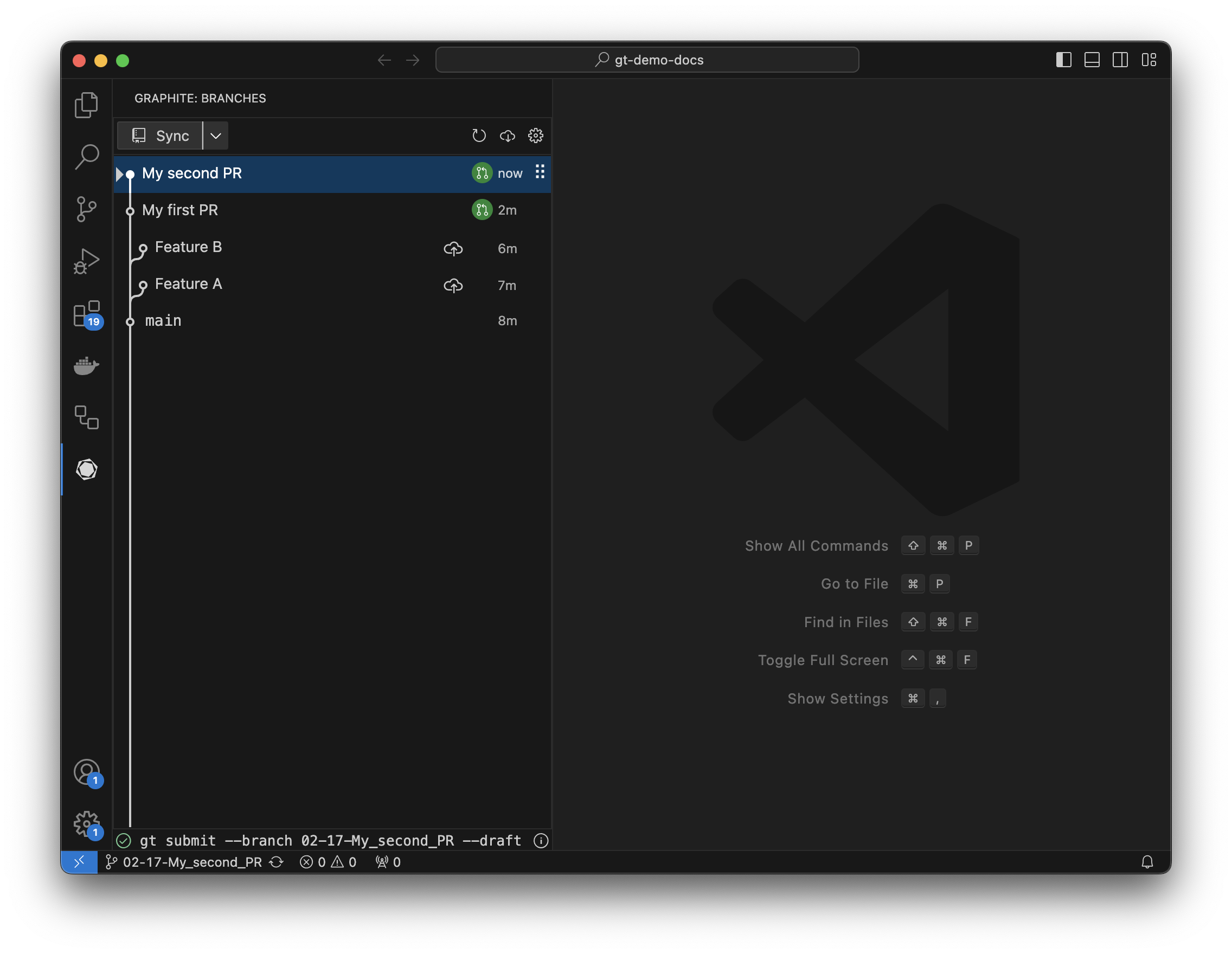 Create pull requests for a stack with the graphite vs code extension