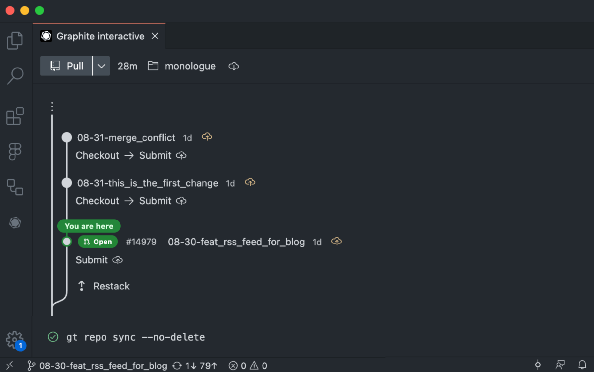 screenshot of graphite interactive showing an active pull request with a "you are here" prior to the first change