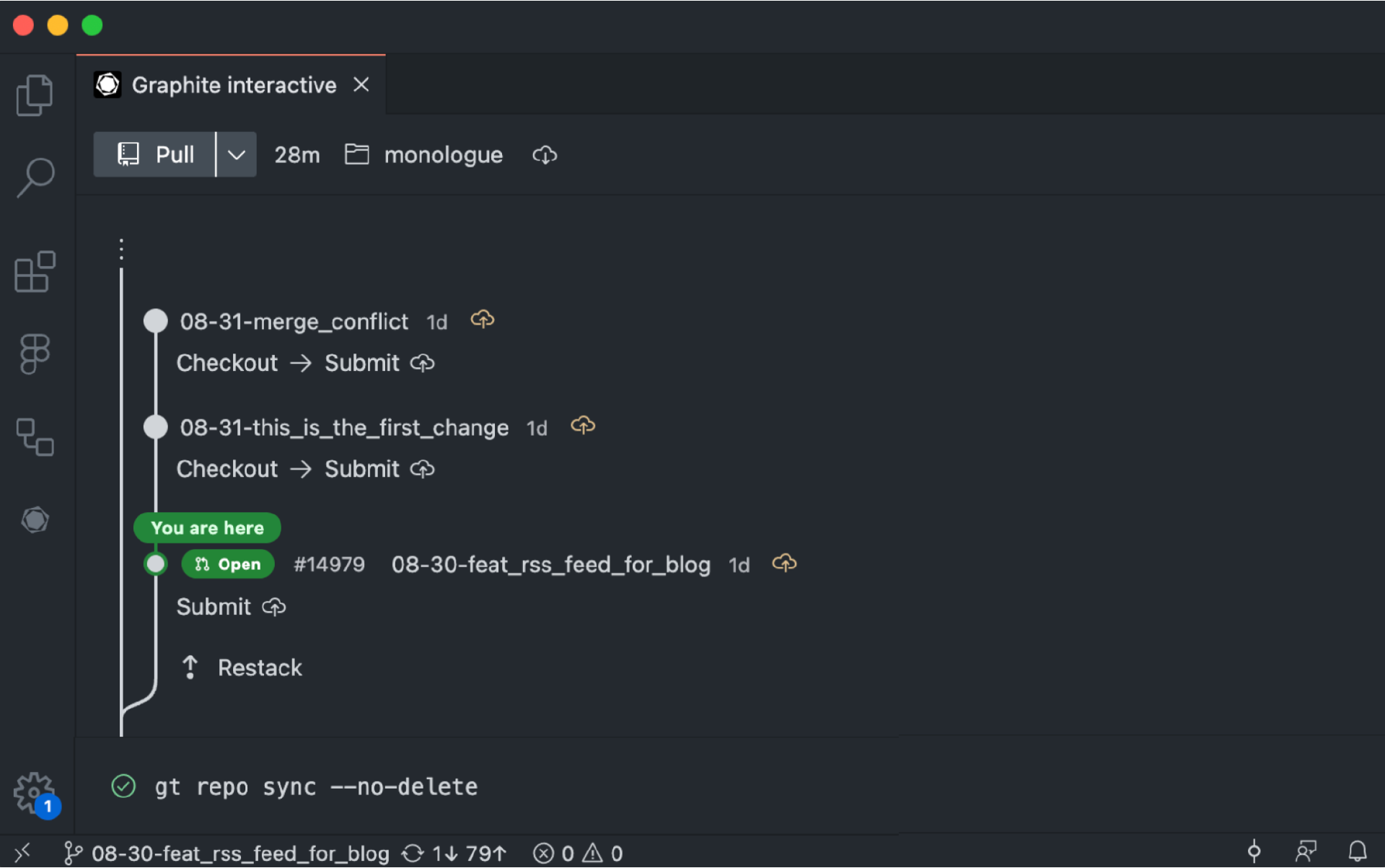 graphite interactive screenshot showing a pull request  in the stacking review chain and pinpointing status with "you are here"