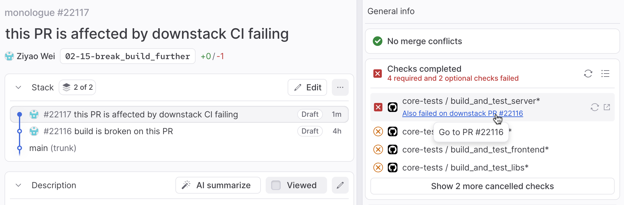 See when CI is failing downstack