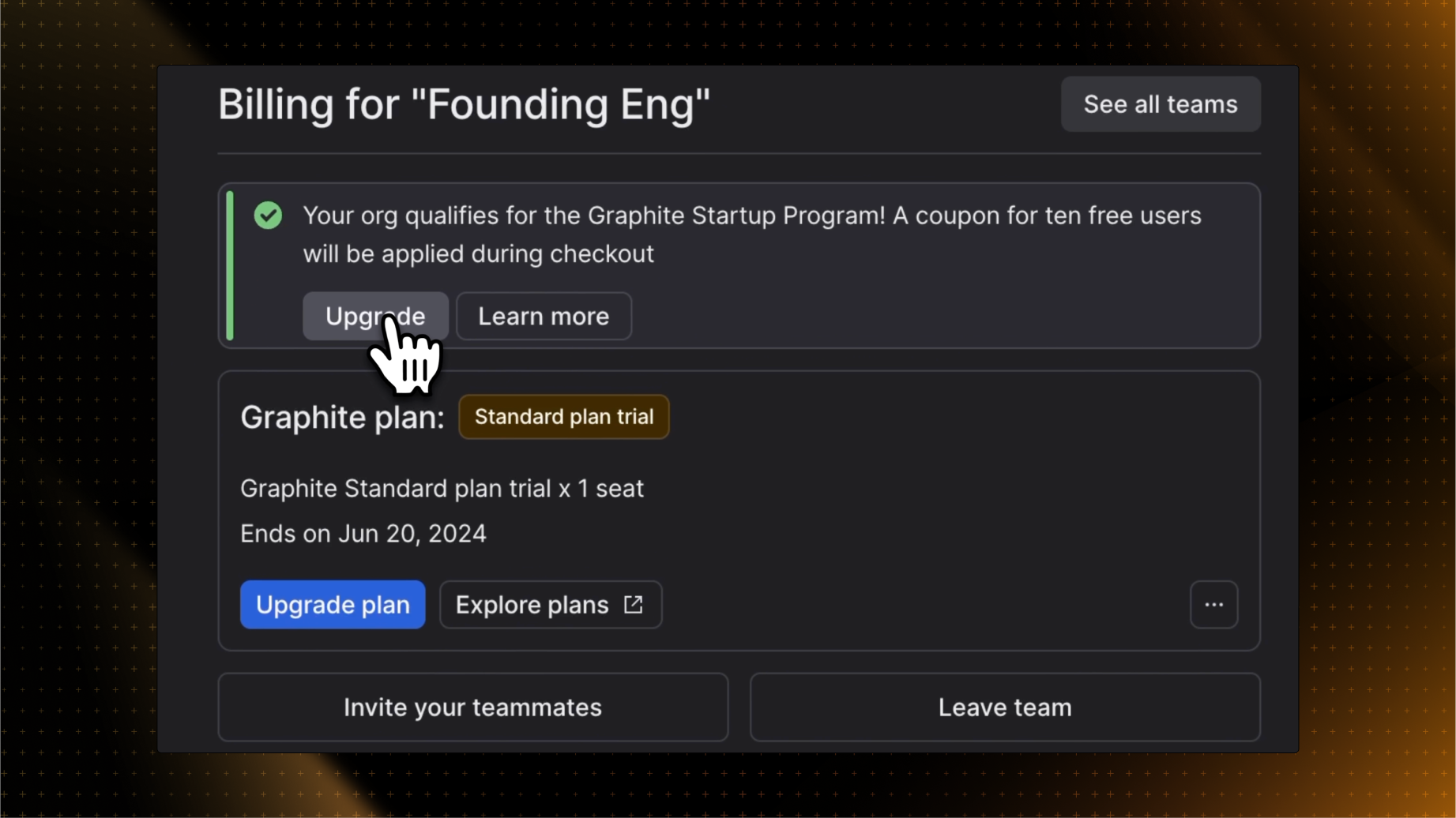 graphite for startups billing banner screenshot