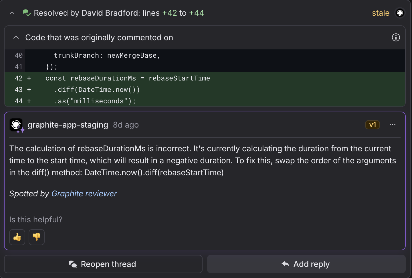 screenshot of Graphite Reviewer complex bug