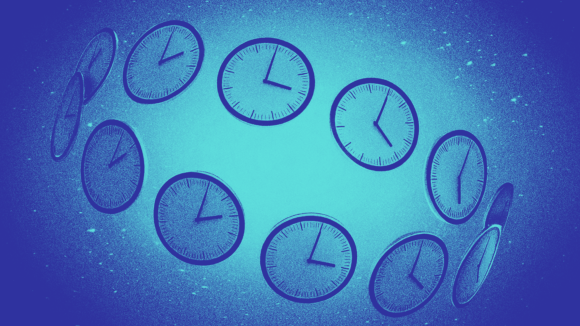 12 clocks each depicting different time zones floating in space