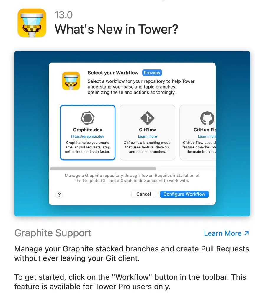 The workflow selection screen in Git Tower