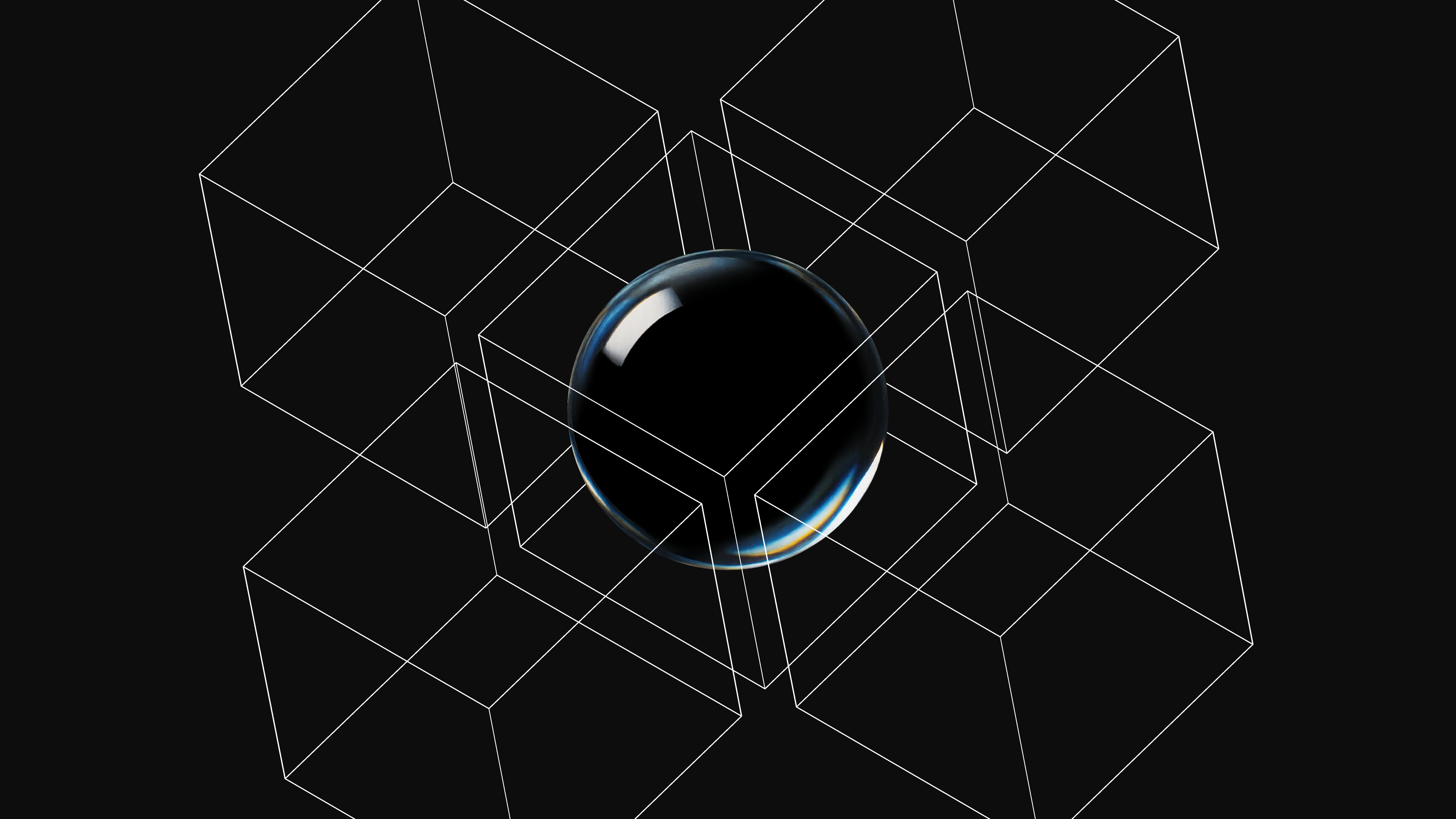 Black glass sphere with 3D wireframe cubes on dark background.