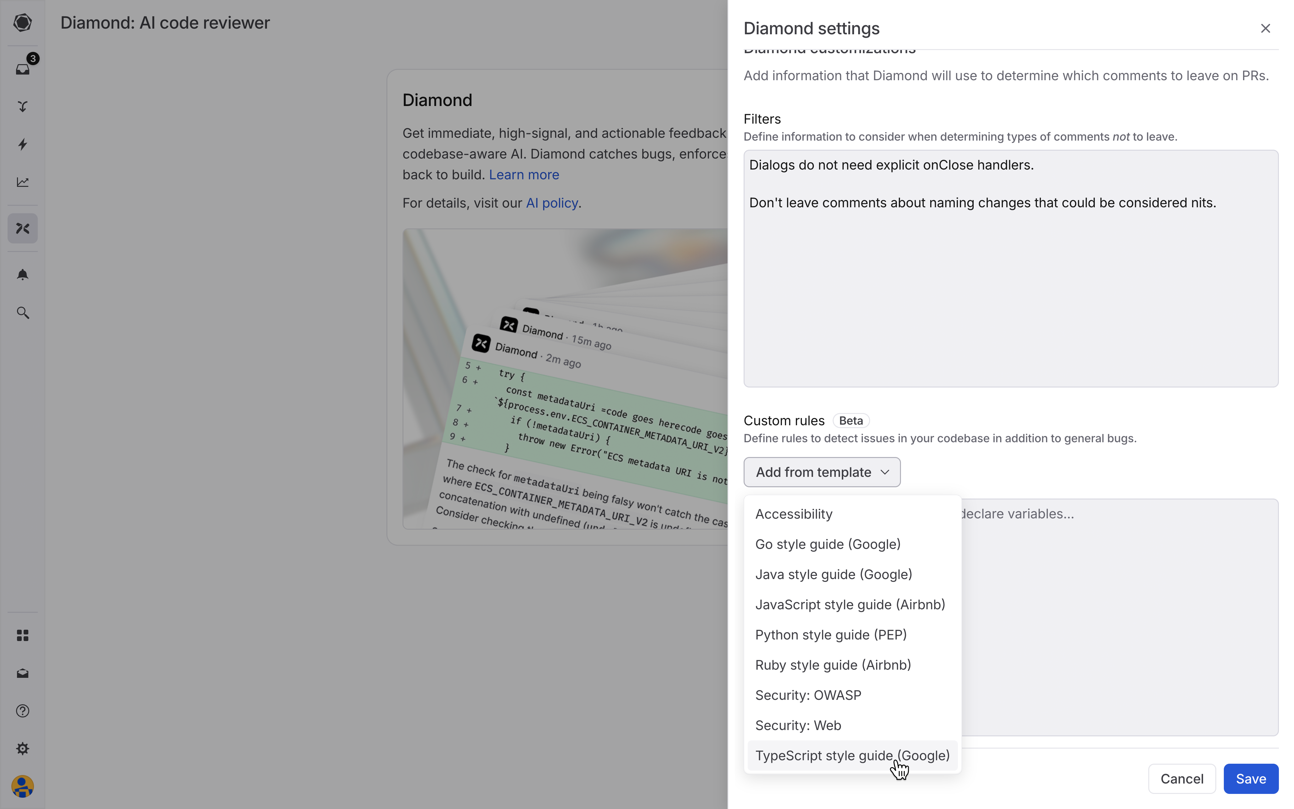 Example of Diamond’s custom rules