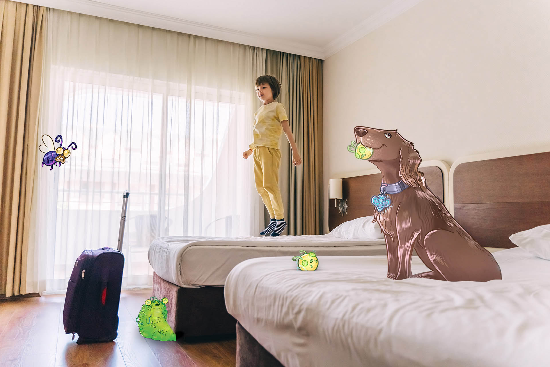 6 years boy have a fun and jump on bed in hotel room.