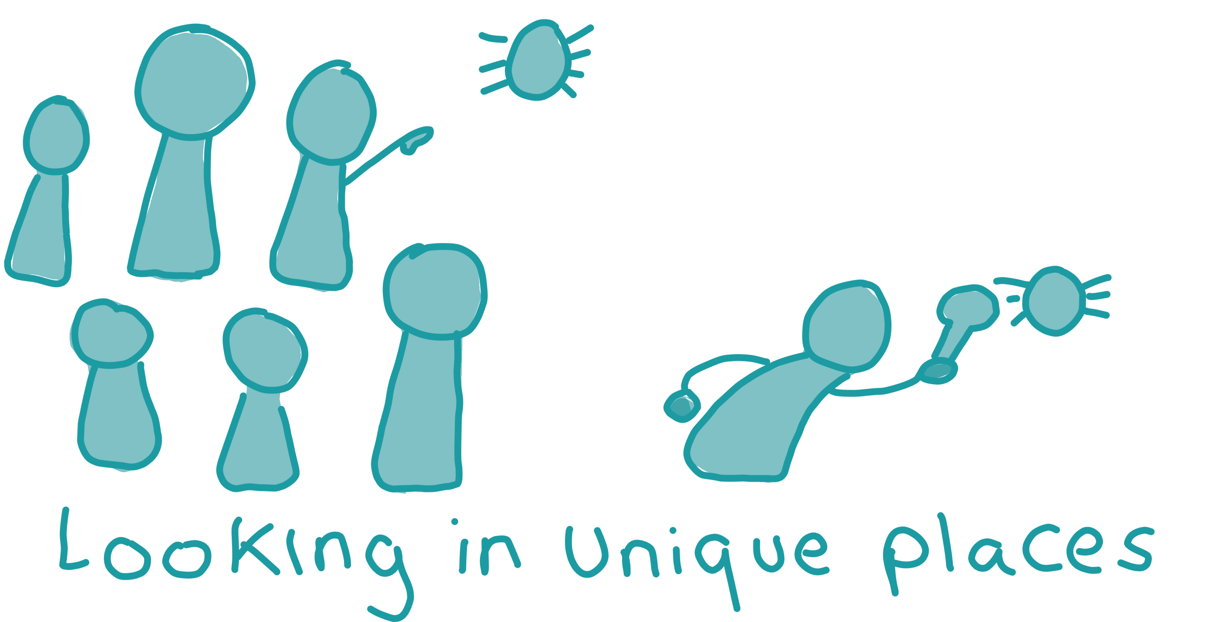 6 people look at a single bug whilst another looks at a bug in detail off to the side. The text reads "Looking in unique places".