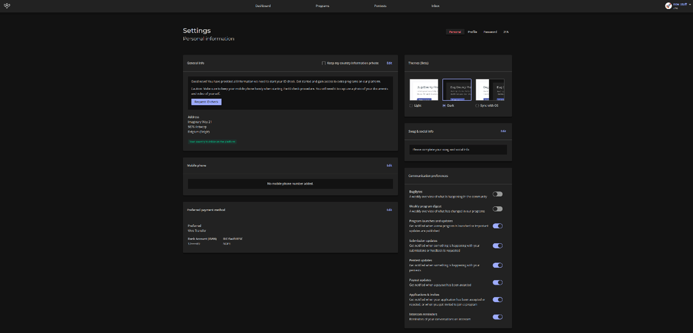 Intigriti dark theme settings