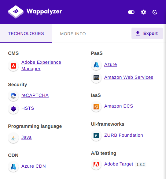 Wappalyzer extension for technology fingerprinting