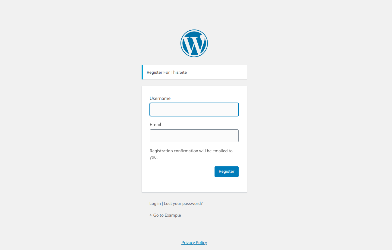 Example of an open WordPress registration page