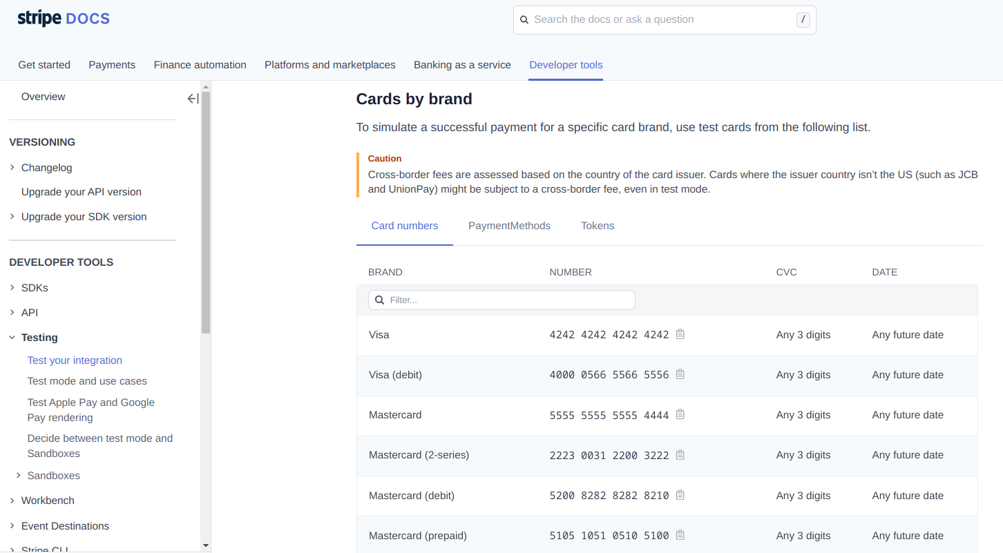 Stripe documentation providing test credentials