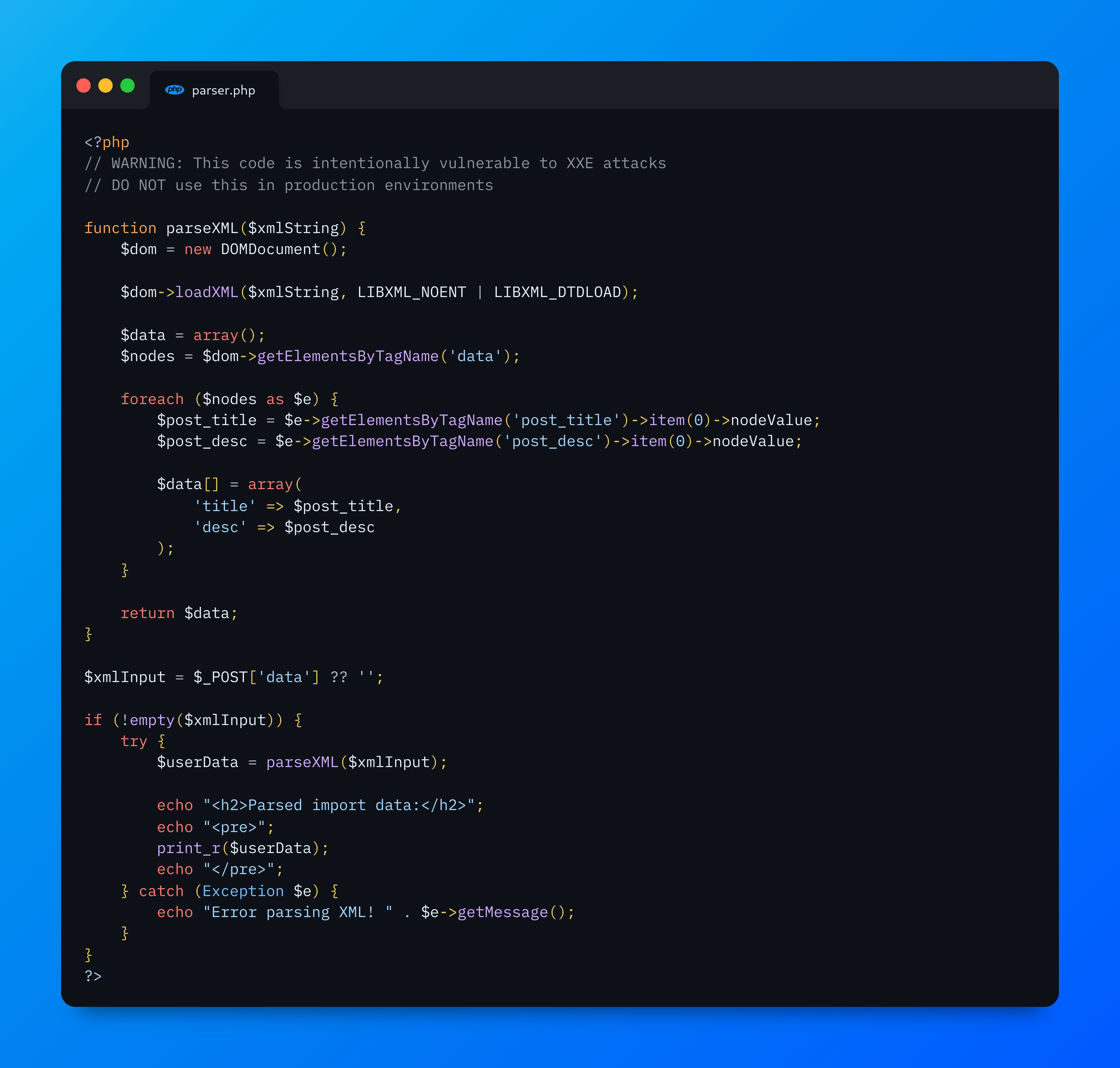 Simple vulnerable code snippet case featuring an XML external entity (XXE) injection vulnerability
