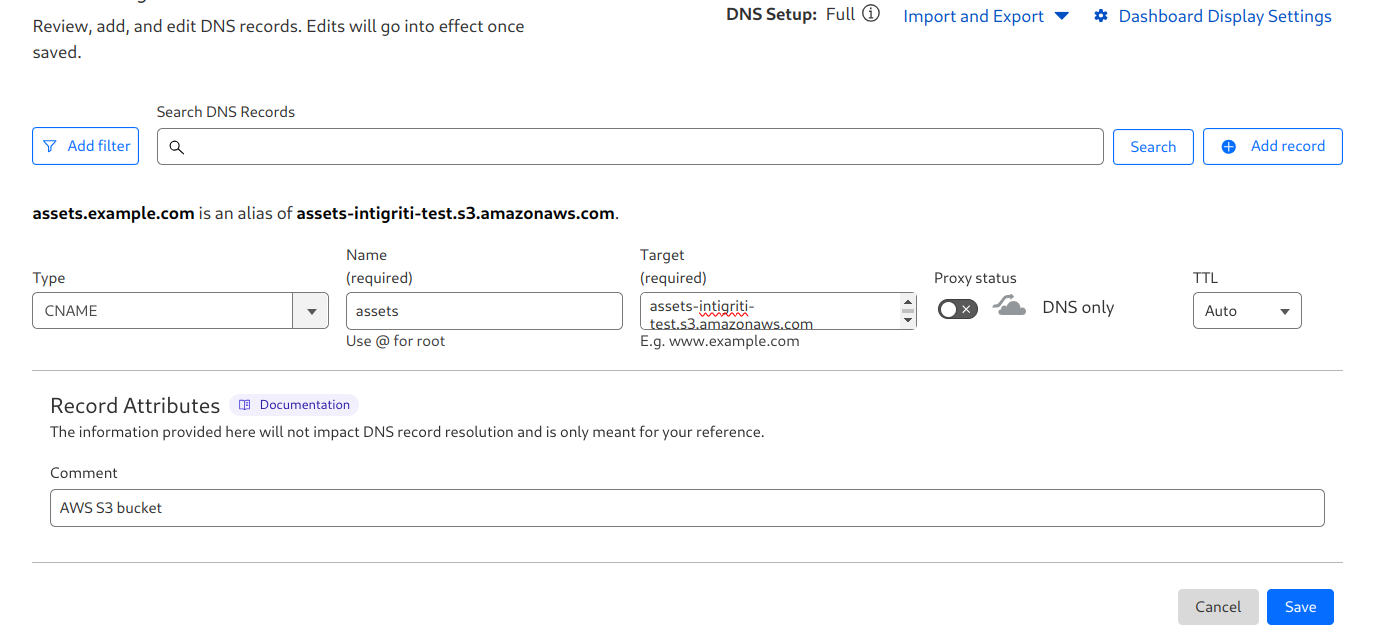 Setting up a DNS CNAME record pointing to an AWS S3 bucket using Cloudflare DNS