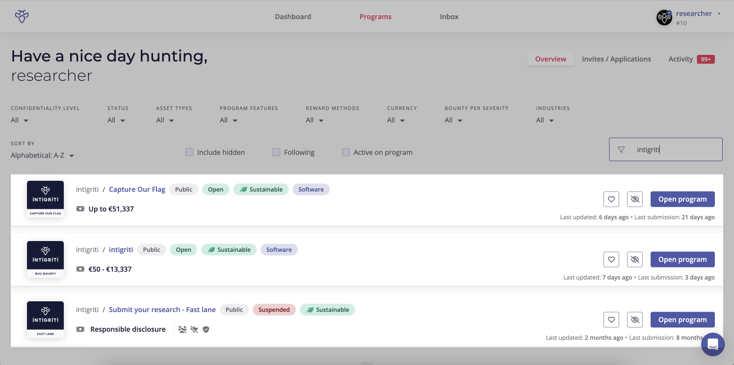 Intigriti bug bounty program cards