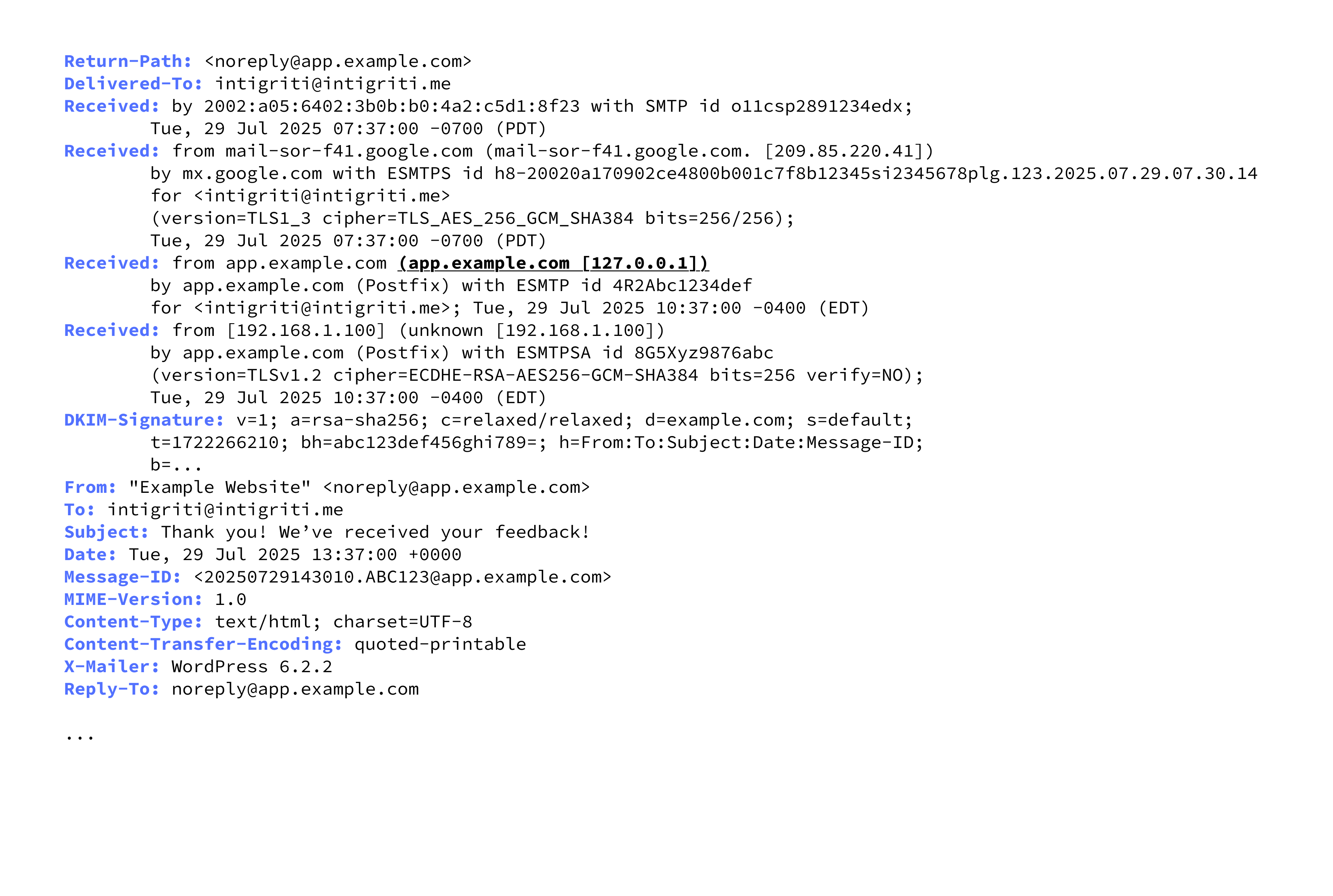 Example of an email server response that leaks the origin IP