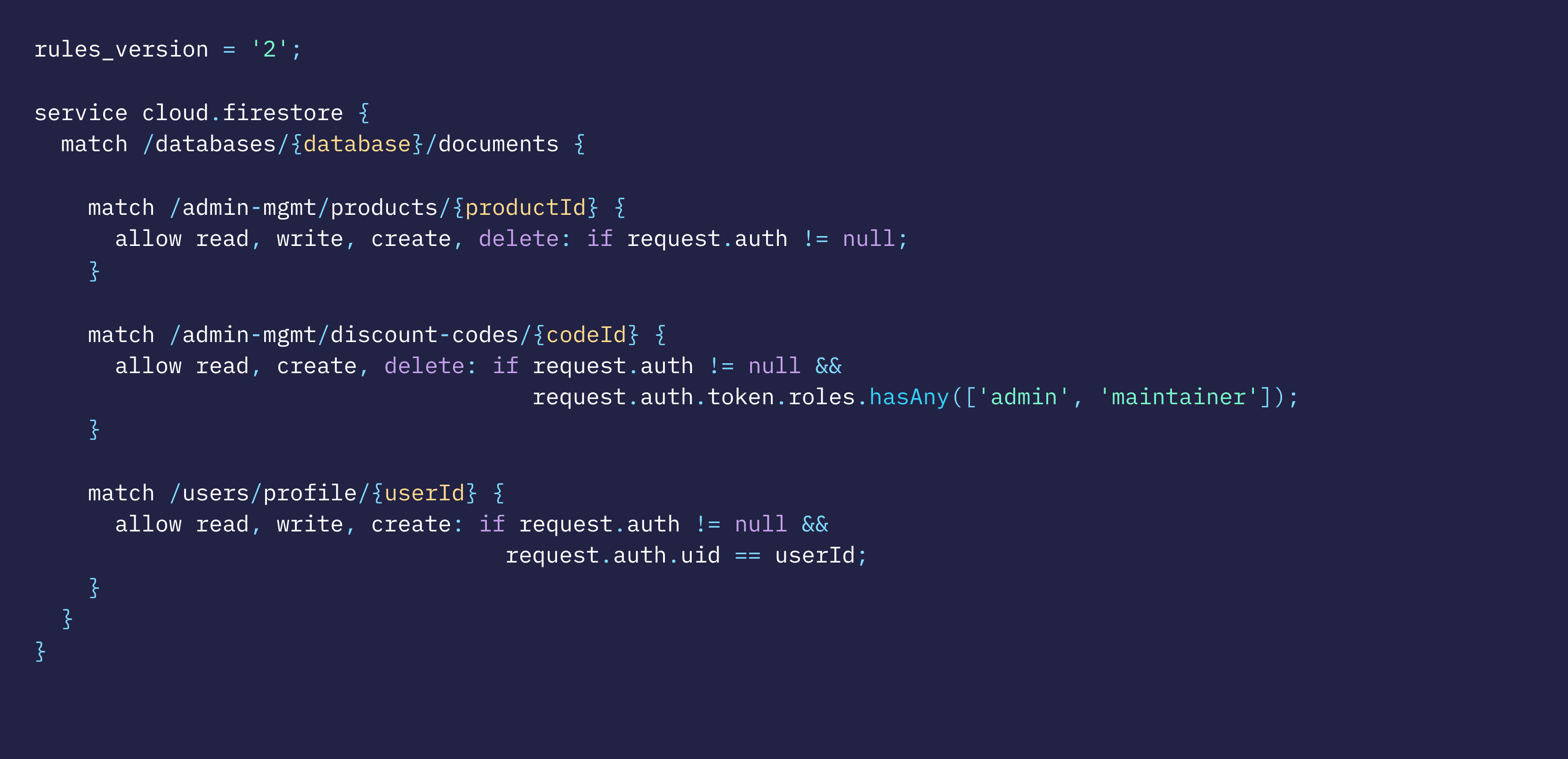 Example of a misconfigured Firebase Firestore security rule definition