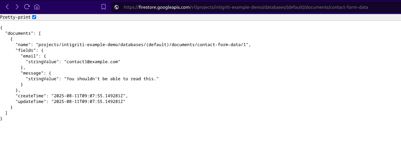 Example of a misconfigured Firebase Firestore instance