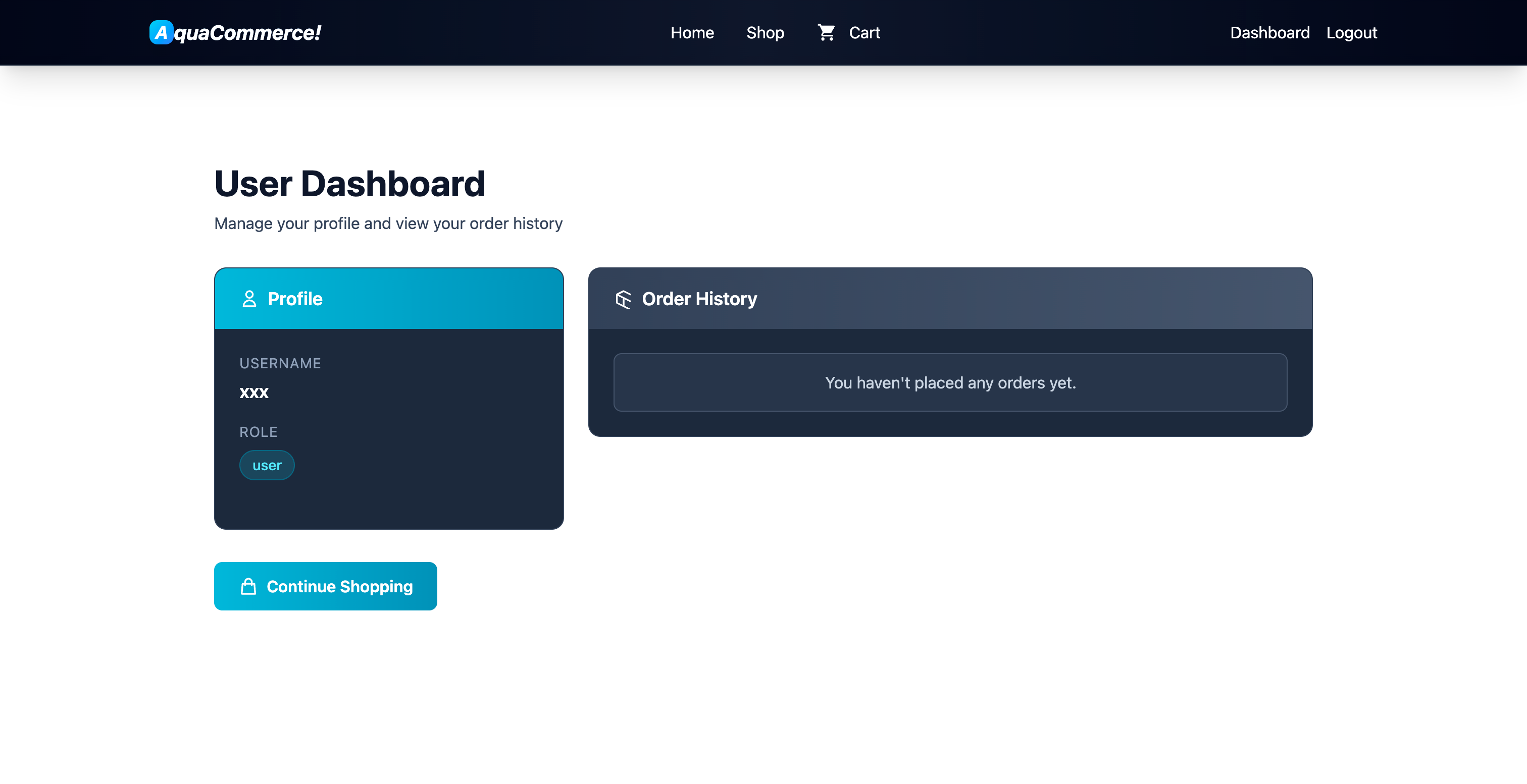 AquaCommerce! user dashboard
