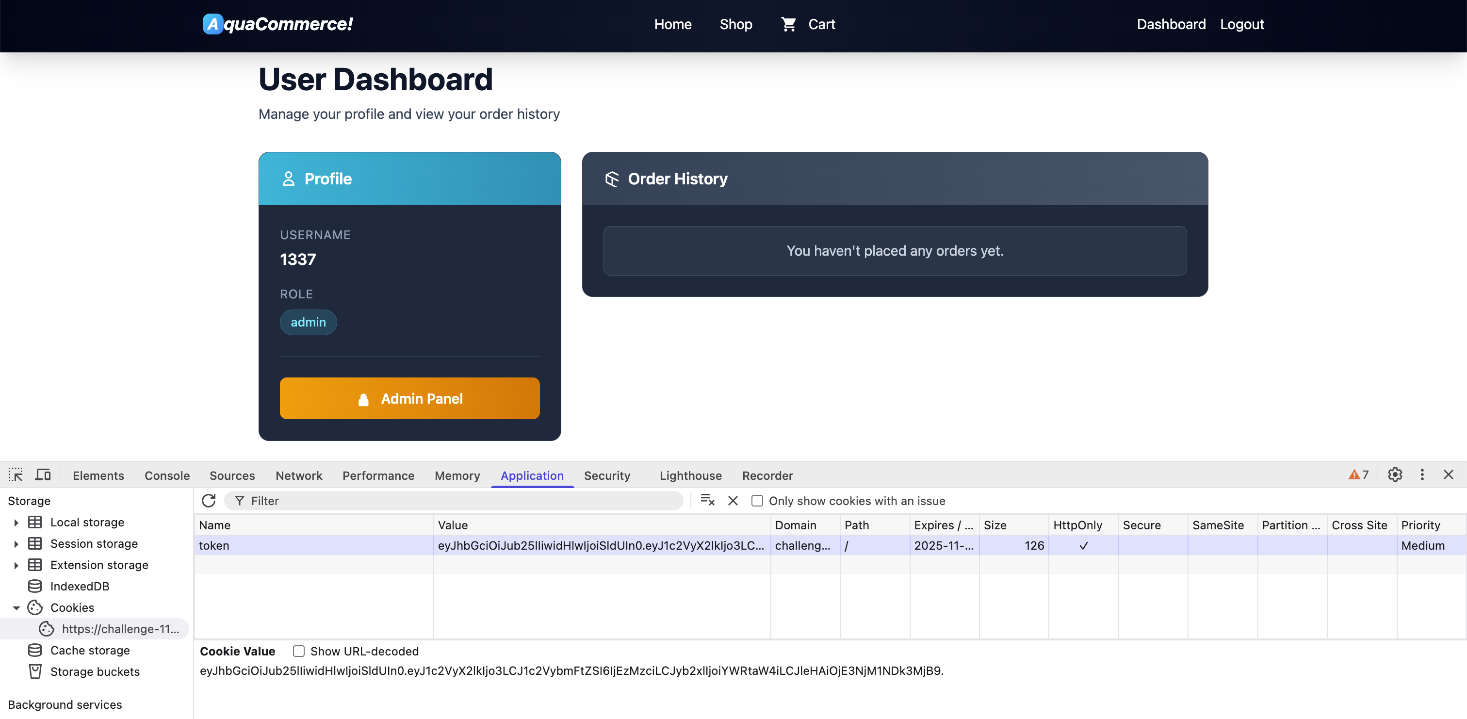 Exploiting JWT none algorithm attack in AquaCommerce!