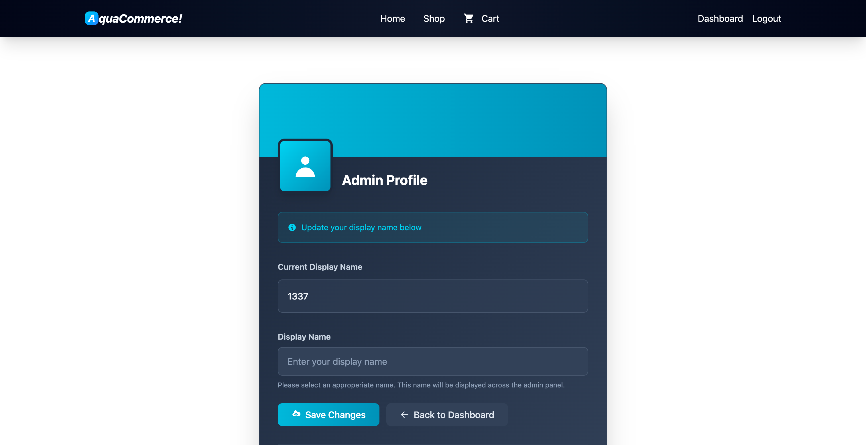 AquaCommerce! admin profile