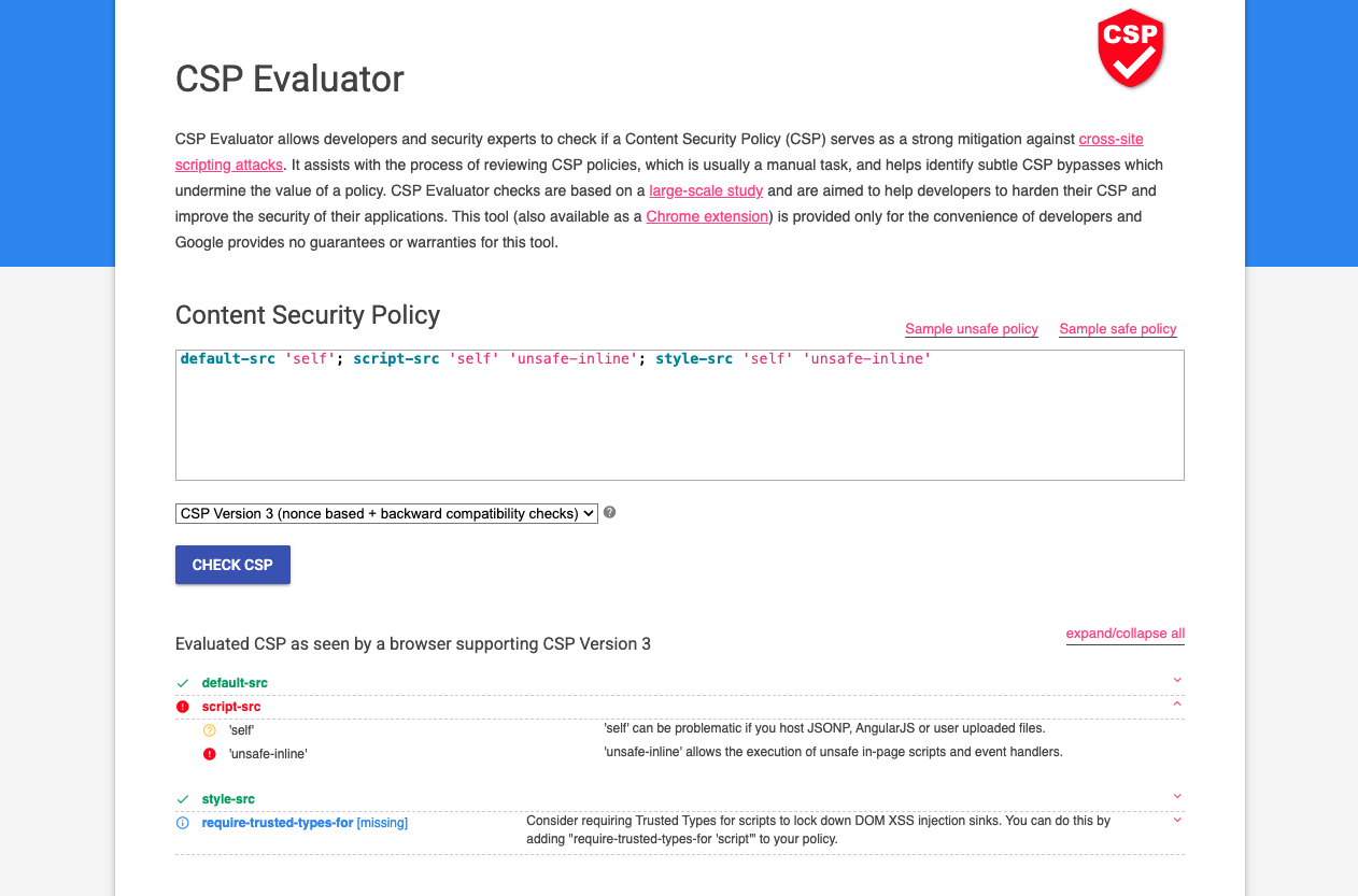 Finding CSP bypasses using Google CSP Evaluator