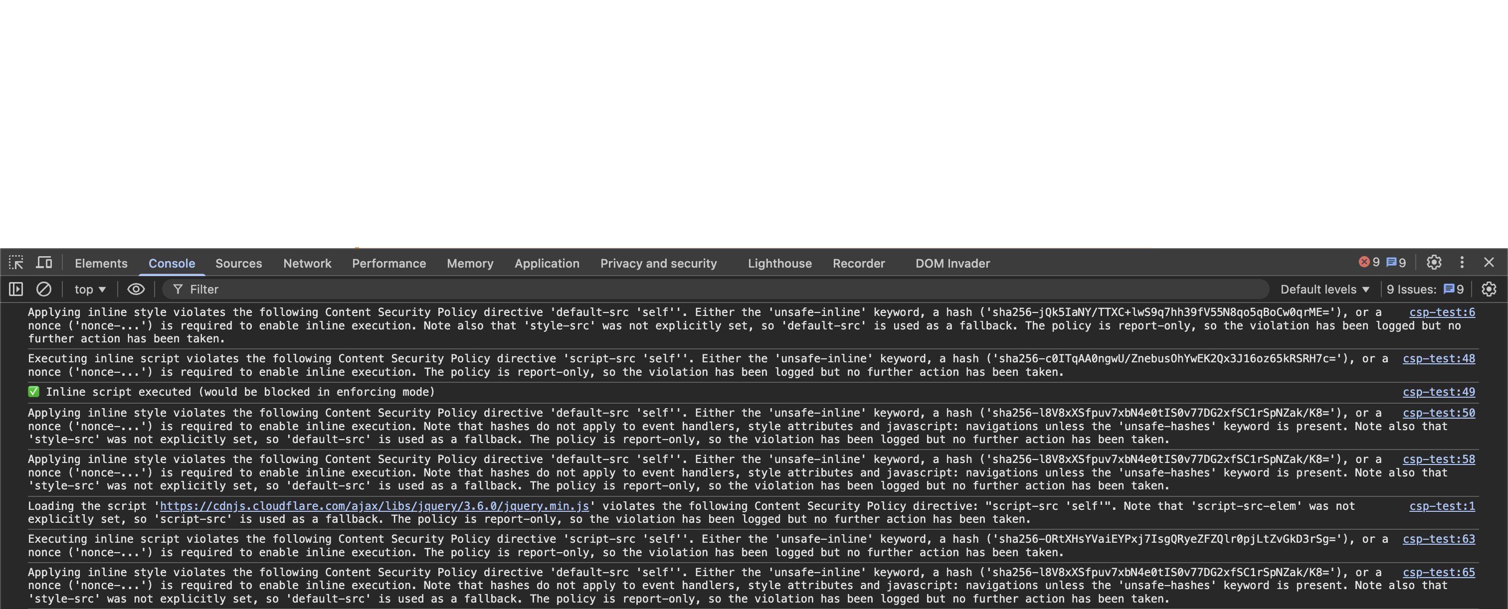 A target that only monitors for CSP violations but never enforces them allowing for CSP bypasses to arise