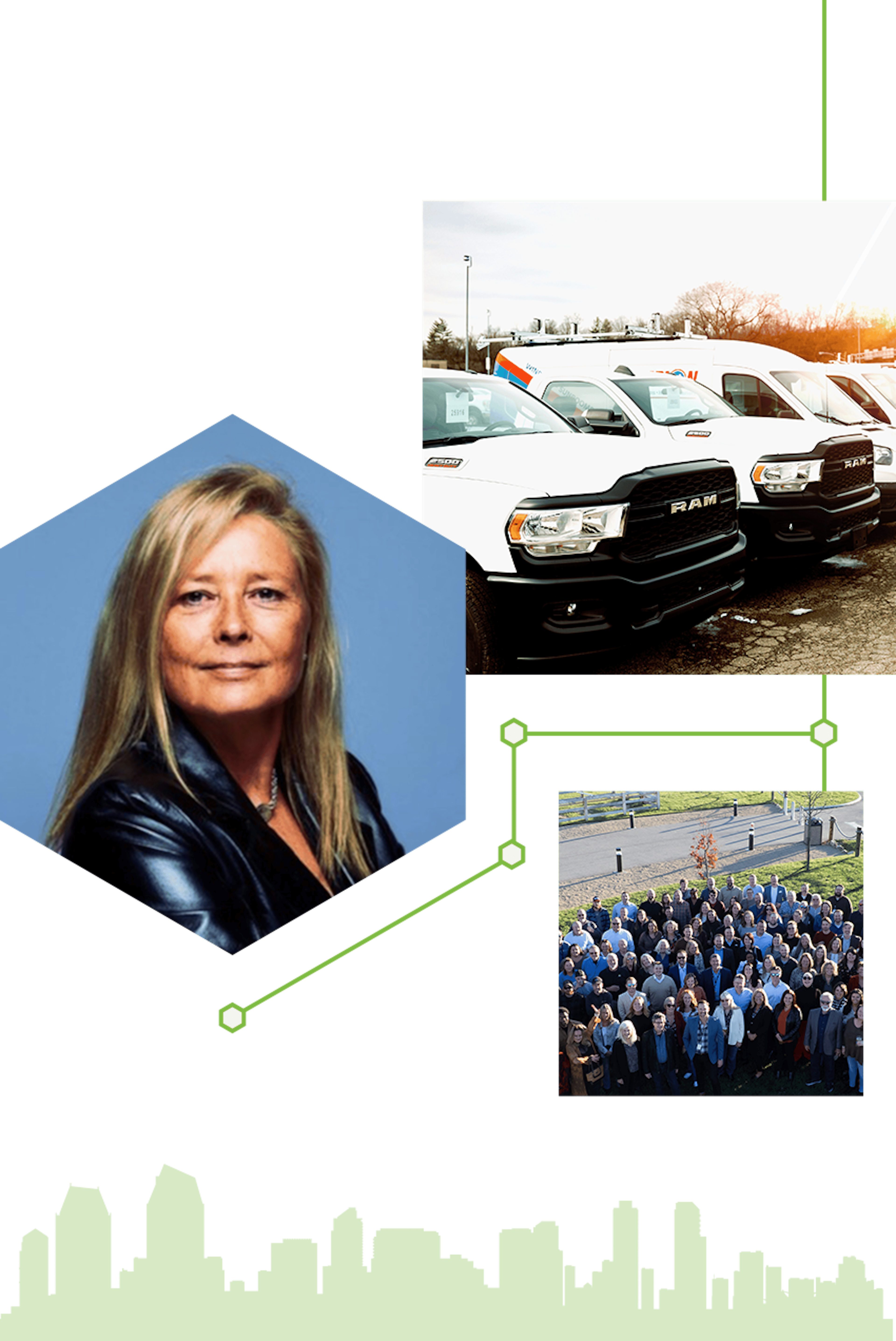 Collage of Lori Thomas, Mike Albert fleet vehicles, and the San Diego skyline