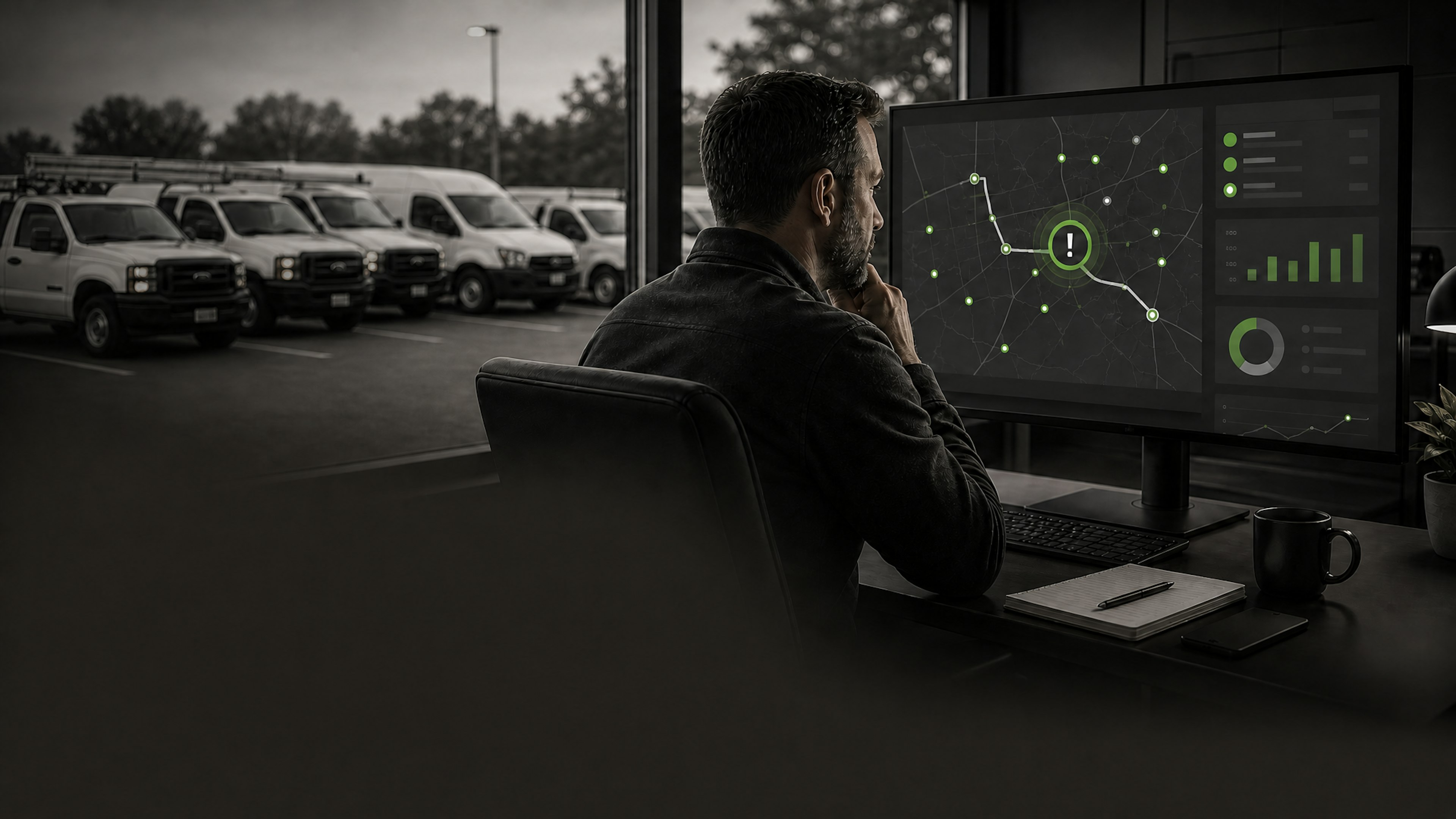 fleet professional reviewing telematics exceptions, connects the data to an active vehicle fleet