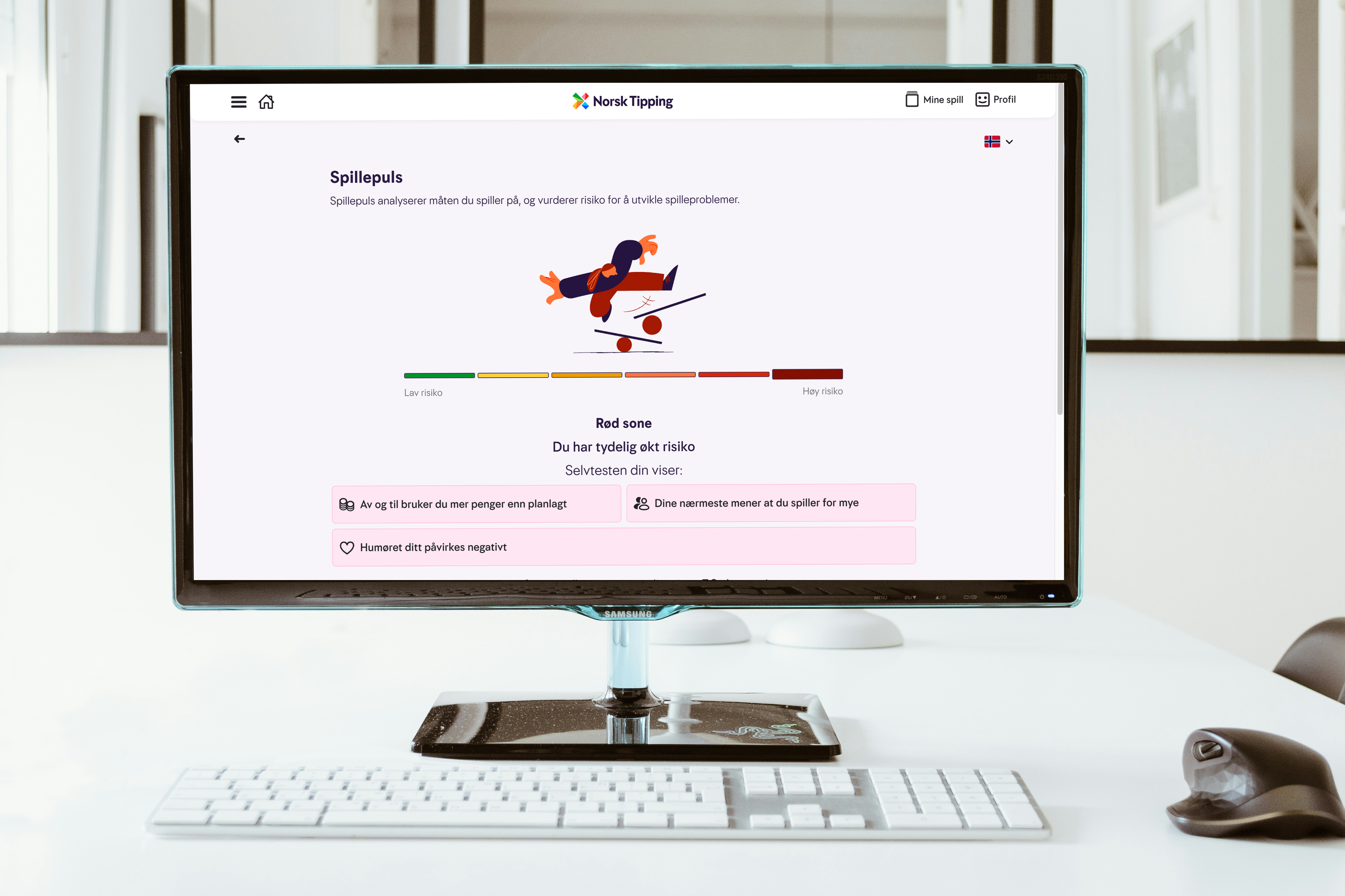 Viser bilde av dataskjerm med illustrasjonsbilde av rød status på spillepulssidene. Rød status betyr at du har tydelig økt risiko.