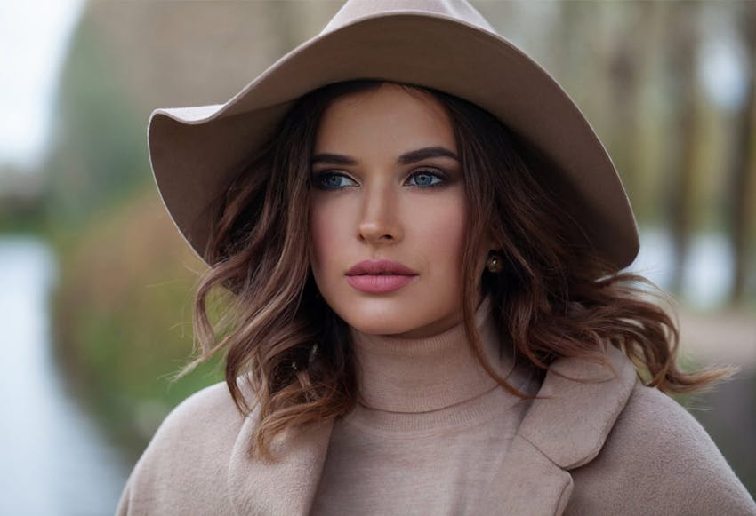 brunette woman with blue eyes in a tan turtle neck and jacket and brown hat