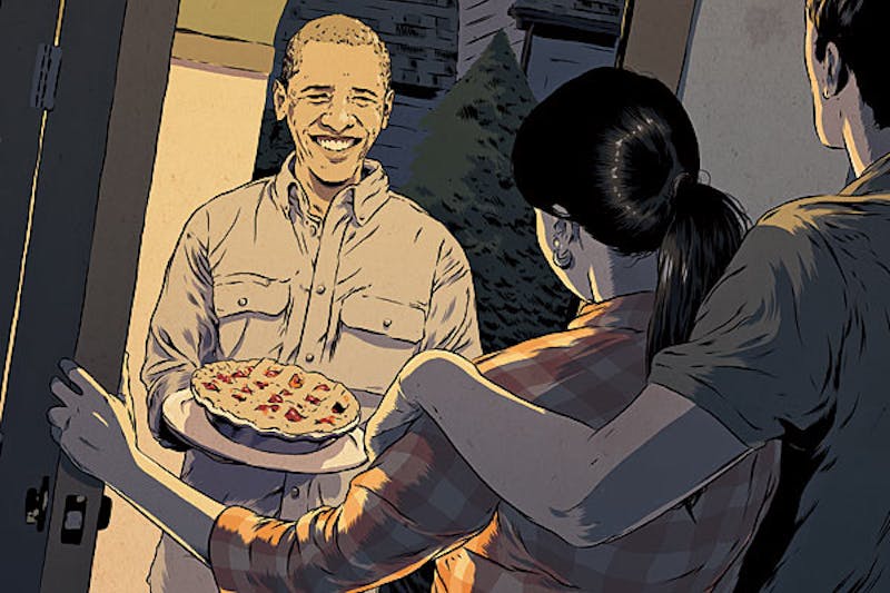 Barack Obama giving pie to people illustration