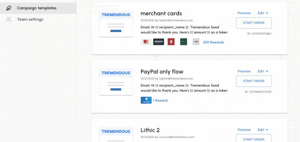 A .gif showing how users can duplicate a campaign template within the Tremendous platform.