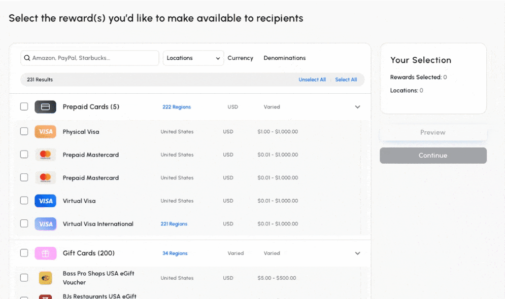 A .gif showing Tremendous' updated rewards cataolog user interface.