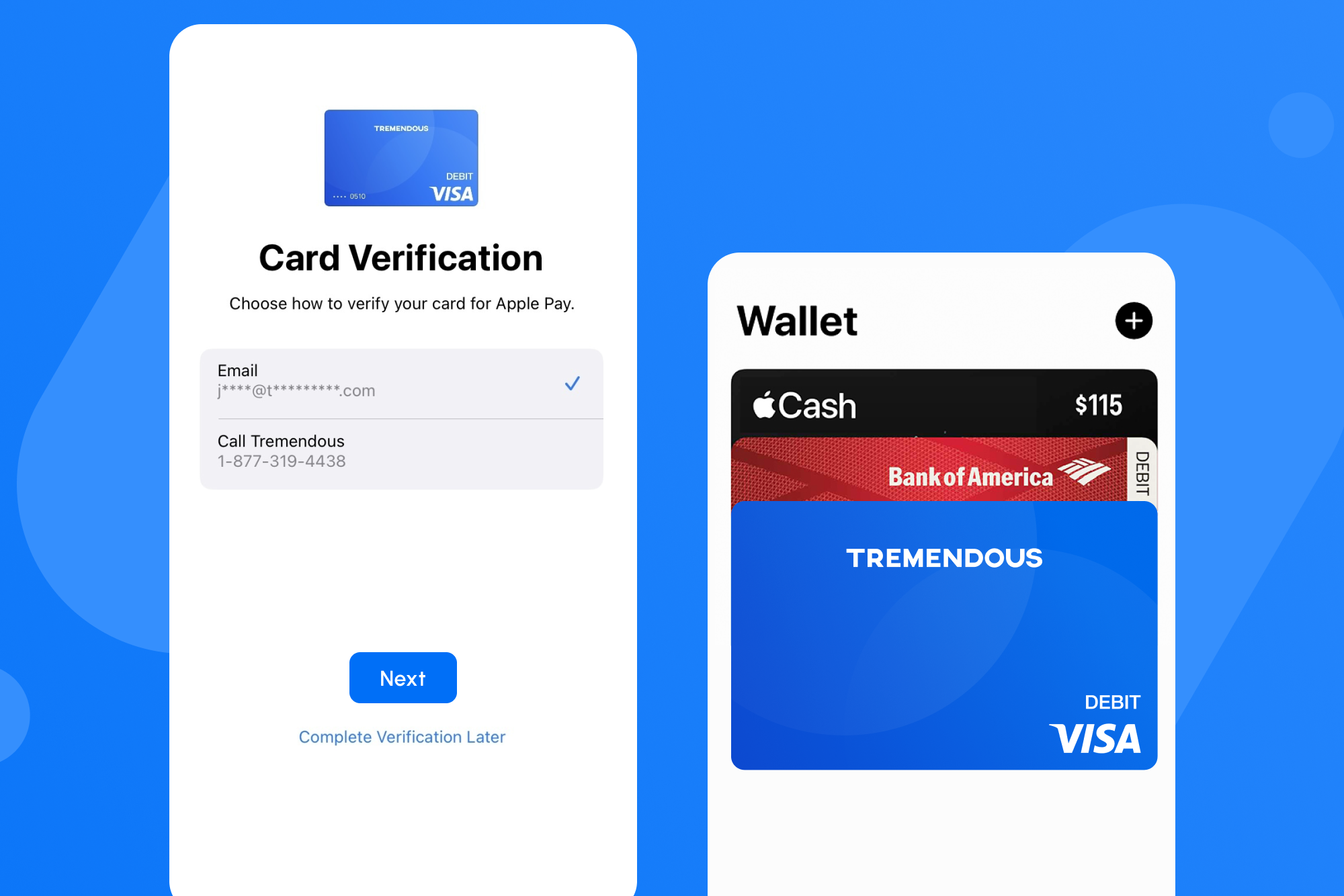 An image showing a Tremendous Visa prepaid card being added to an Apple Wallet and Google Pay.