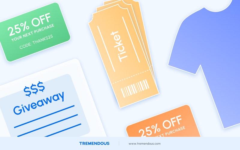 A green "25% off" coupon, two yellow tickets for a lottery, a light blue giveaway flyer, and a blue t-shirt.
