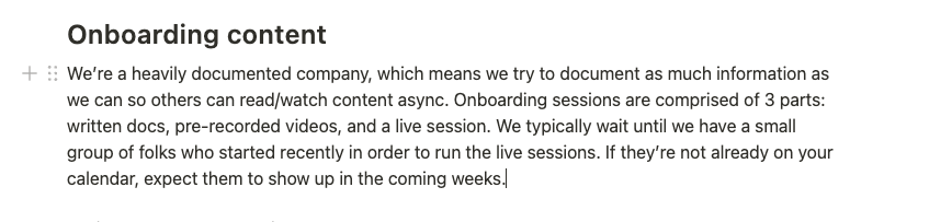 A document in Notion that reads: "Onboarding content." Followed by a description of the content available to streamline the onboarding process.