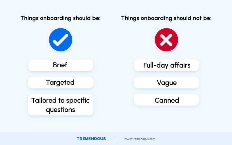 Two lists. The list on the left-hand side reads: "Things onboarding should be: brief, targeted, tailored to specific questions." Then, on the right hand side, a list reads: "Things onboarding should not be: Full day affairs, vague, canned."